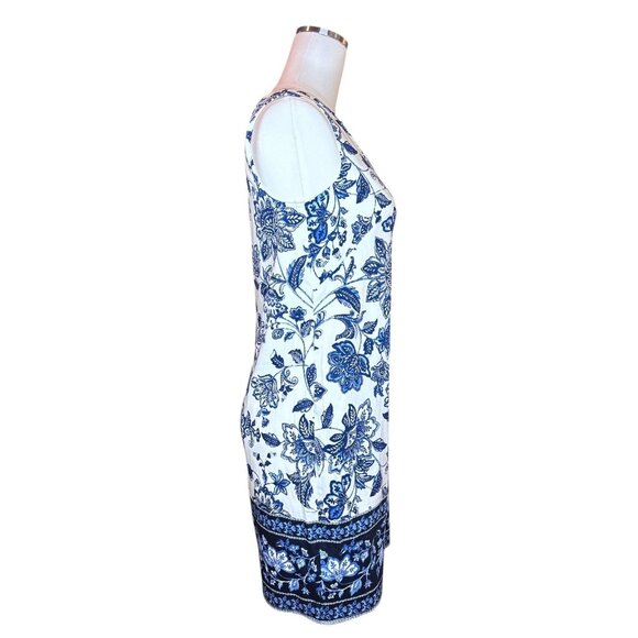 Boho Blue Floral Border Print Shift Dress Size 6 Sleeveless Summer Mediterranean - Picture 9 of 16